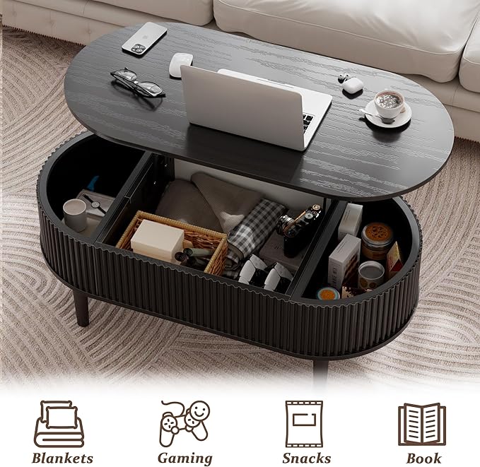 EAG Fluted Lift Top Coffee Table with Hidden Compartment, 39 Inch Modern Oval Coffee Table with 3 Storage, Fully Wooden Assembled Center Table for Living Room, Office, Black