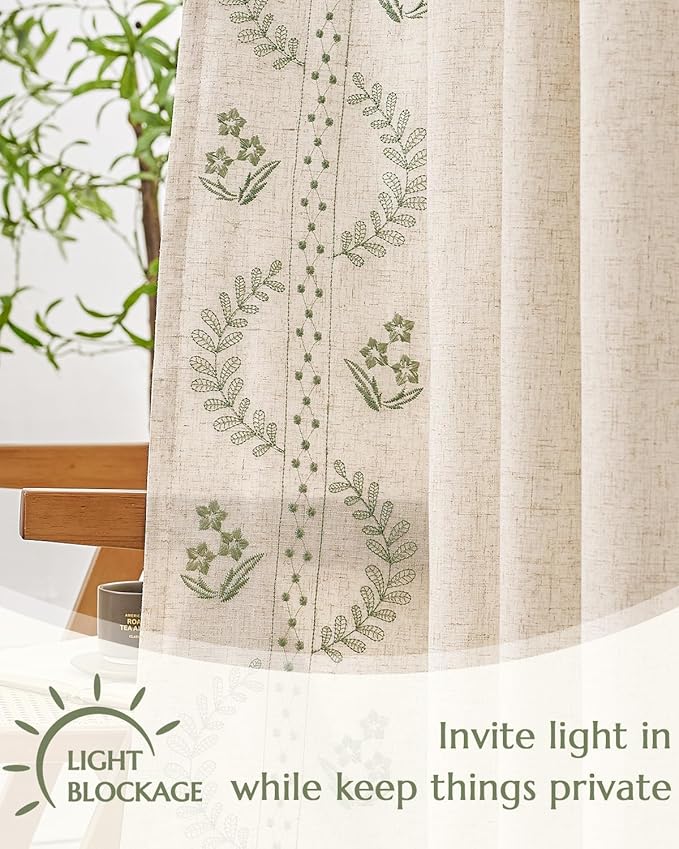 jinchan Belrose Lined Linen Blend Curtains Floral Curtains for Bedroom 84 Inch Length Sage Green Embroidered Drapes Rod Pocket Farmhouse Flower Drapes for Living Room Window Treatments Set 2 Panels