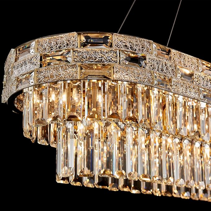 49.2" L Modern Crystal Chandeliers for Dining Room 18 Lights Gold Chandelier Large Rectangle Crystal Chandelier Pendant Light Fixture Kitchen Entryway Living Room 49.2" L x 8.7" H