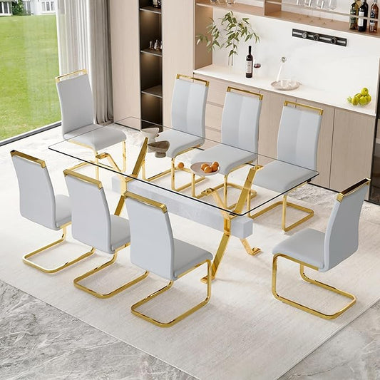 9 Piece Glass Dining Table Set, 79" Modern Dining Table Set for 8, 0.5" Thick Tempered Glass Tabletop with Silver Chrome Metal Legs and Grey Crossbar, 8 PU Chairs for Dining Room, Kitchen