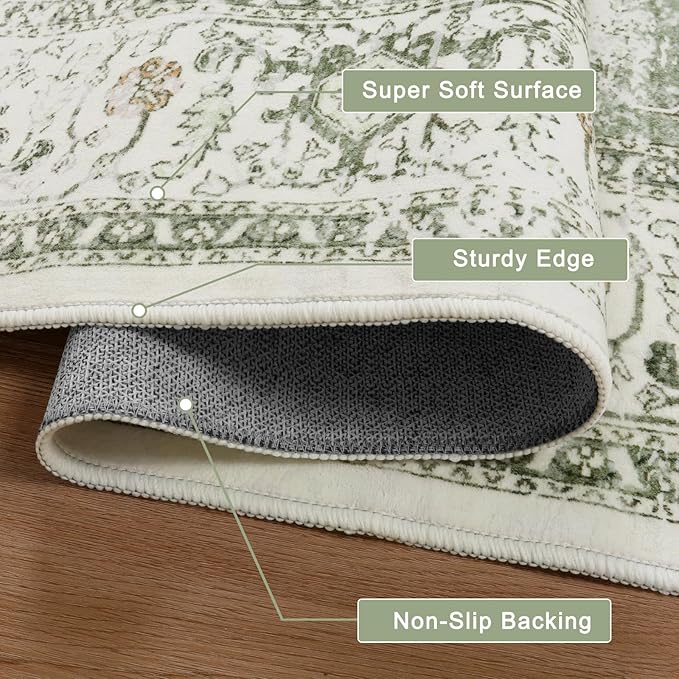 LIVEBOX Washable Area Rug 3x5 - Vintage Tribal Non-Slip Indoor Rugs for Kitchen Entryway, Low-Pile Front Door Mat Print Distressed Accent Throw Rug for Bedroom Entry Foyer Laundry Room, Sage