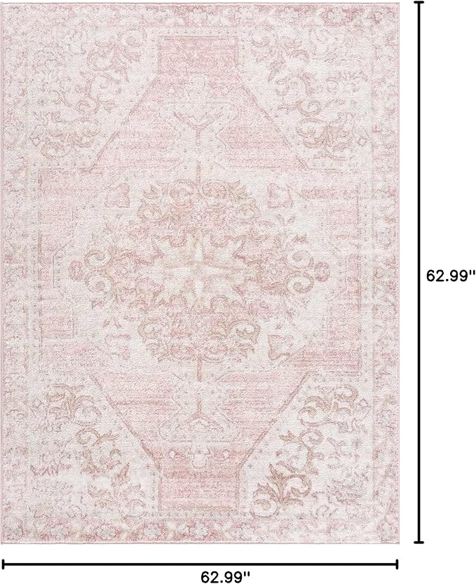 Blush & Light Pink Collection Snead Bohemian Oriental Medallion Area Rug - Traditional Floral Carpet for Living Room, Bedroom - Blush, Pale Pink, Cream - 5'3" Square