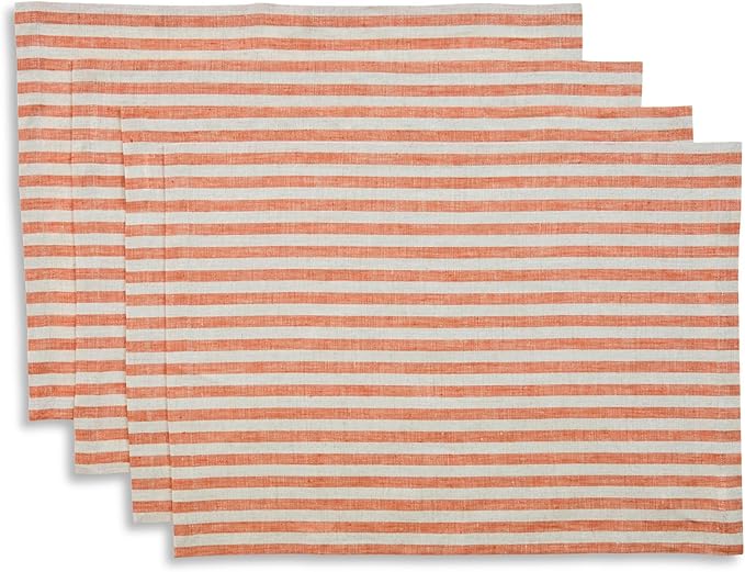 Solino Home Linen Placemats Set of 4 - Amalfi Stripe Pumpkin and Natural Placemats 14 x 19 Inch - 100% Pure Linen Place Mats for Fall, Autumn, Halloween, Thanksgiving