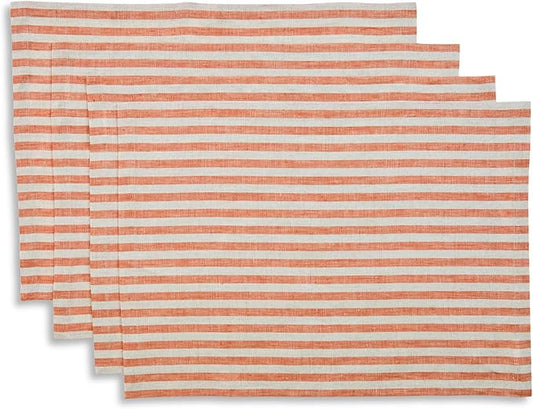 Solino Home Linen Placemats Set of 4 - Amalfi Stripe Pumpkin and Natural Placemats 14 x 19 Inch - 100% Pure Linen Place Mats for Fall, Autumn, Halloween, Thanksgiving