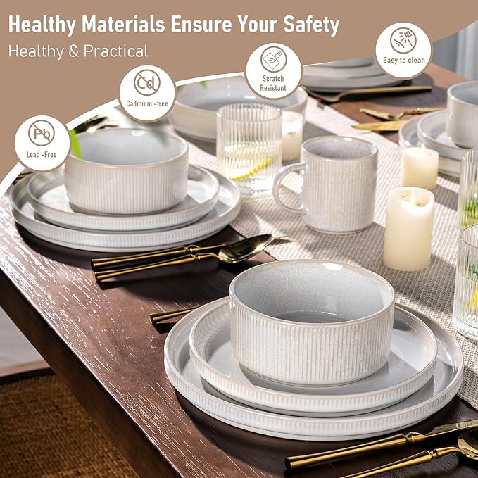 GBHOME Stoneware Dinnerware Sets for 8,Round Reactive Glaze Ceramic Plates and Bowls Set,Highly Scratch Resistant| Dishwasher & Microwave Safe Dishes Set,Service for 8(24Pcs)