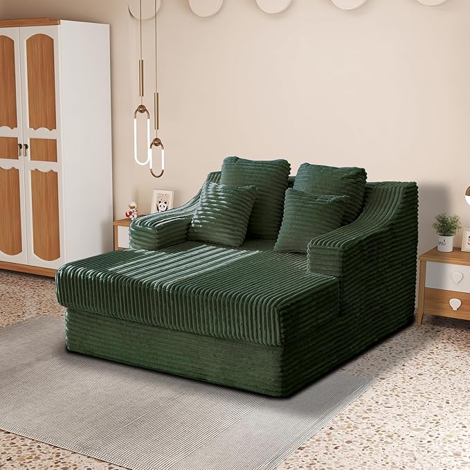 Chaise Lounge Sofa Chair Indoor Cozy Sofa Bed Oversized with Four Pillow Fluffy Upholstered Sleeper Sofa Chair for Living Room Bedroom Office Liesure No Assembly Required（Green）