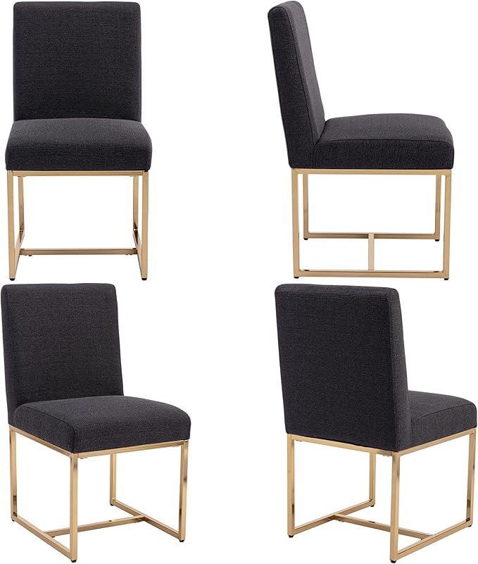VESCASA Linen Upholstered Dining Chairs Set of 2, Mid Century Modern Padded Chair with Gold Metal Frame for Restaurant, Dining Room, Kitchen, Charcoal