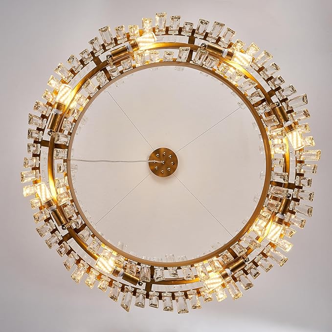 Round Crystal Chandeliers, D31.5 inch 16-Light Brass Gold Chandelier Lighting Fixture, Height Adjustable Pendant Ceiling Light for Living Room Dining Room Bedroom