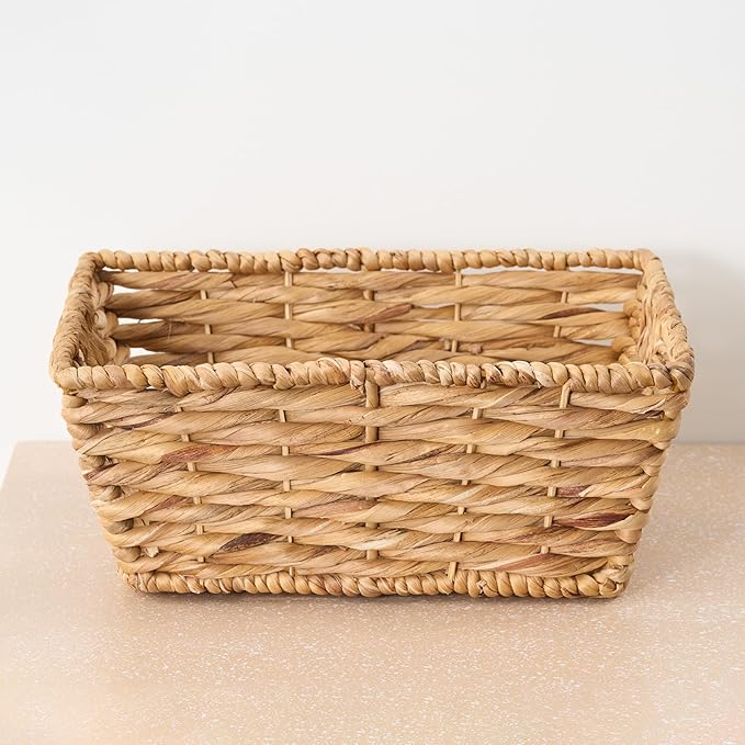 Isidore Water Hyacinth Storage Basket, Woven Rectangular Organizer for Kitchen and Bathroom, 12.2 x 9.4 x 5.1 inches, Natural Brown