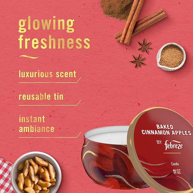 Febreze Scented Candle, Baked Cinnamon Apples Scent, 11 oz 4 Wick Candle, Single Pack