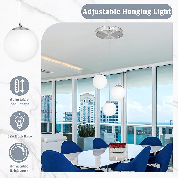 KoKo&Yukina Globe Pendant Light 3 Light Nickel Globe Pendant Lights Kitchen Island Mid Century Light Fixture with Milky White Glass Shade for Dining Room Living Room