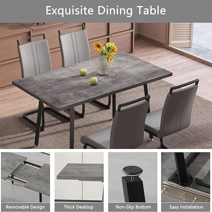 5 Piece Dining Table Set for 4-6,55-71" Extendable Dining Table Set with 4 Upholstered Chairs,Rectangle Kitchen Table Set for Small Space,Dining Room and Office,Grey