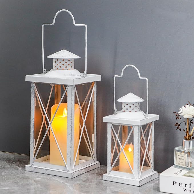 TRIROCKS 16'' & 11" H Decorative Candle Lanterns Set of 2 Hanging Lantern Vintage Metal Candle Holder with Tempered Glass for Indoor Outdoor Home Decor Parties Garden Wedding(White with Silver Brush)