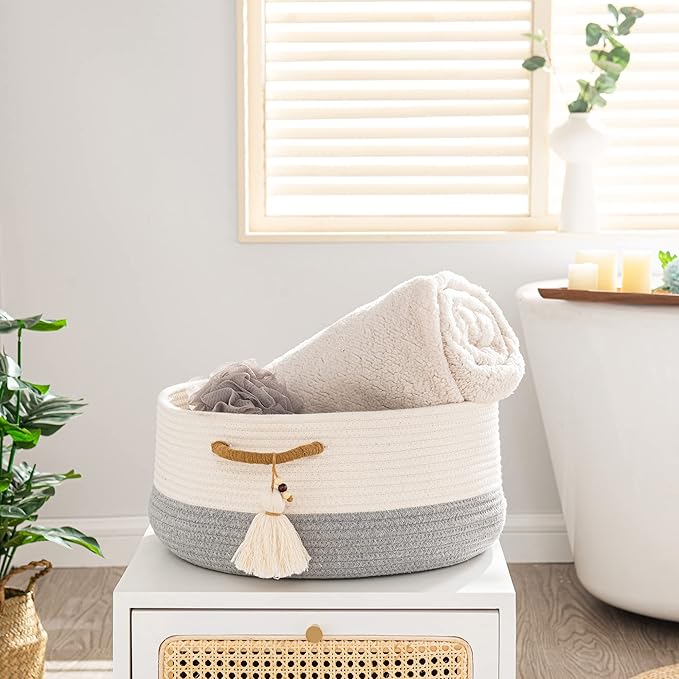 KAKAMAY Woven Baskets for Storage(16"x8"),Blanket Basket for Organizing Living Room,Cotton Rope Basket Woven Baby Laundry Hamper,Collapsible Laundry Room Organization,Clothes,Toy Chest(Grey)