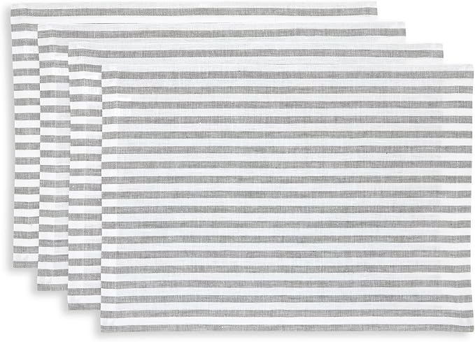 Solino Home Linen Placemats Set of 4 - Amalfi Stripe Grey and White Placemats 14 x 19 Inch - 100% Pure Linen Place Mats for Fall, Autumn