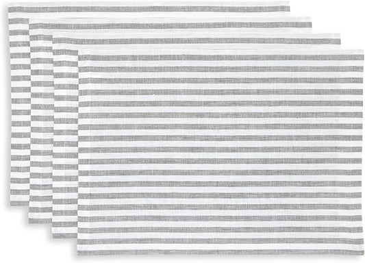 Solino Home Linen Placemats Set of 4 - Amalfi Stripe Grey and White Placemats 14 x 19 Inch - 100% Pure Linen Place Mats for Fall, Autumn