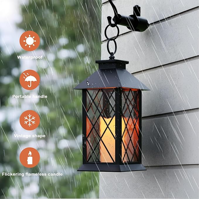 Lanterns Decorative Indoor, 14" Battery-Powered Waterproof Black LED Candle Lanterns with Timer for Patio & Outdoor, Vintage Hanging Lantern for Home & Wedding, Diamond