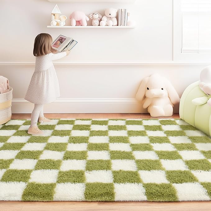 Checkered Rug for Living Room 8x10, Ultra Fluffy Fuzzy Shag Large Area Rug for Bedroom, Modern Plush Soft Upgrade Non-Slip Carpet for Kids Girls and Boys Room Dorm Home Decor, Cream and Green