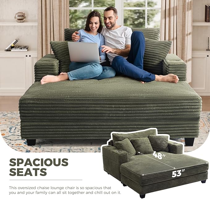 HUSFU 60'' Oversized Chaise Lounge Chair, Upholstered Sofa Bed, Sleeper Couch Reading Chairs with USB Port and Cup Holders,Comfy Cloud Sofas Couches for Living Room,Green