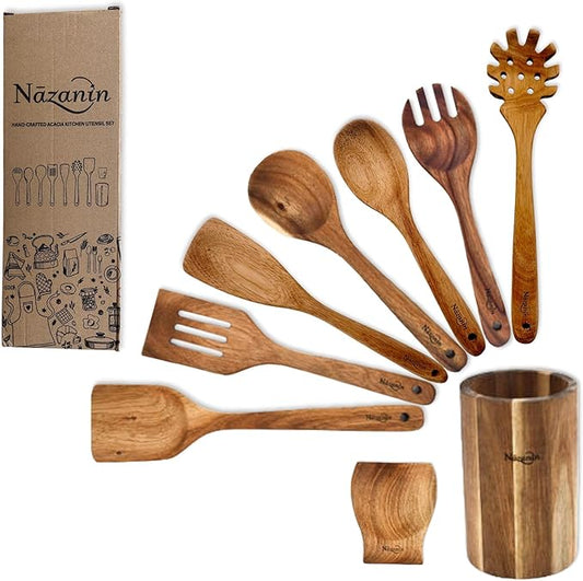 NAZANIN 9-Piece Natural Acacia Wood Kitchen Utensil Set with Holder & Spoon Rest, Wooden Spoon Set for Nonstick Pans & Cookware, Durable, Lightweight, Heat Resistant, & Non-Scratch Cooking Spoons