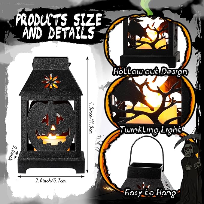 6 Pcs Halloween Mini Lantern with Flickering LED Candles 4.5 Inch Halloween Lantern Decoration Bulk Decorative Hanging Spooky Halloween Lanterns for Indoor Outdoor Party Halloween Decoration