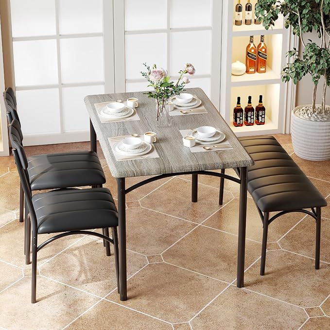 IDEALHOUSE Dining Table Set for 4, Kitchen Table with Chairs for 4, Rectangular Wood Dining Room Table Set with Upholstered Bench for Small Space, Dinner, Apartment, Retro Gray