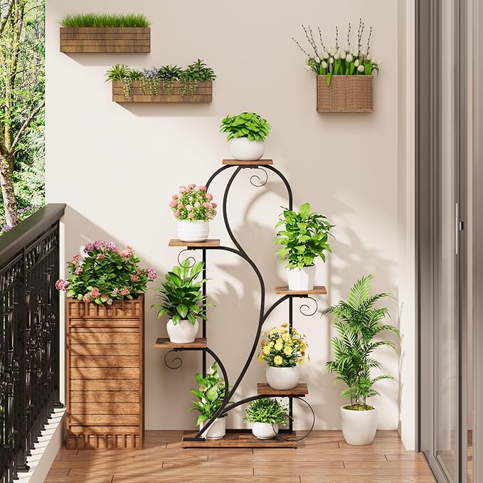 Plant Stand Indoor with Grow Lights, 6 Tiered Arched Plant Shelf, Metal Corner Shelves Display Rack Flower Stand for Living room, Patio