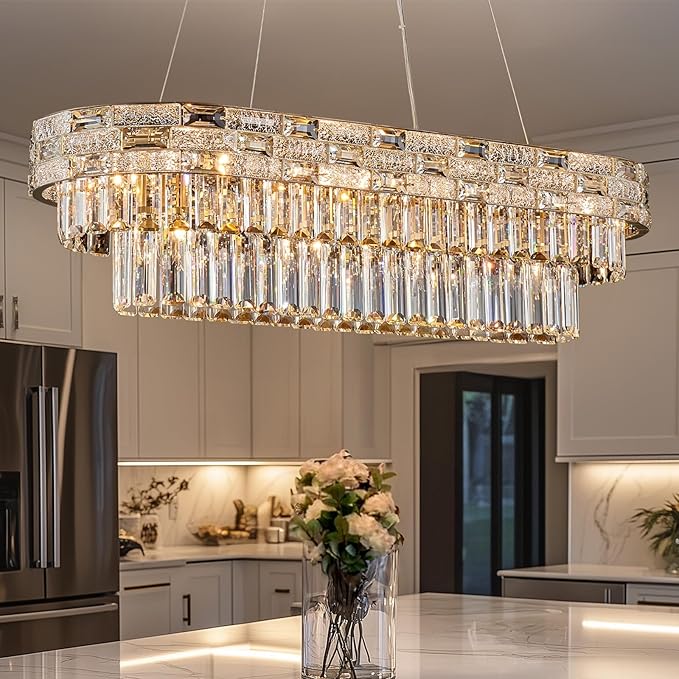 34.3" L Modern Crystal Chandeliers for Dining Room 12 Lights Gold Chandelier Large Luxury Chandelier Pendant Light Fixture, Kitchen Island,Entryway,Living Room 34.3" L x 8.7" H