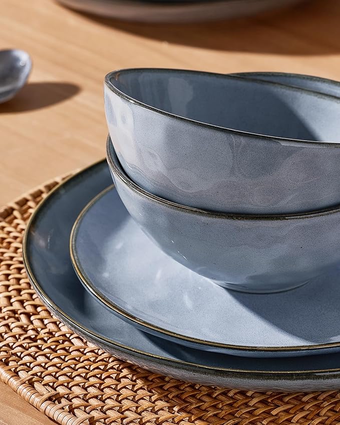 Famiware Ocean Round Plates and Bowls Set, 18 Pieces Dinnerware Sets, Dishes Set for 6, Reactive Glaze, Microwave and Dishwasher Safe, Scratch Resistant, Blue