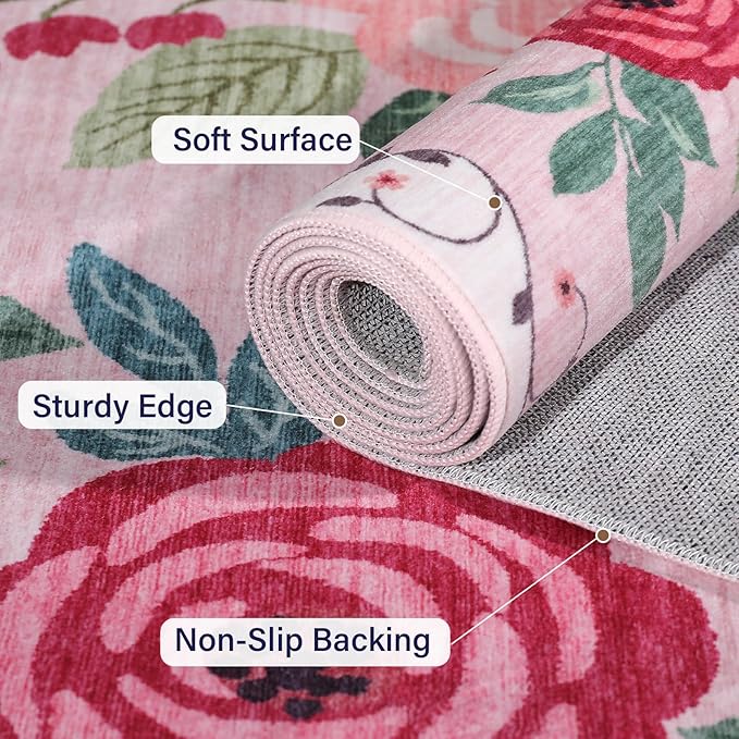 DUKINO 6x9 Area Rug, Floral Rugs for Living Room, Lightweight Non Slip Washable Rug, Indoor Low Pile & Non-Shedding Boho Design Rugs for Bedroom, Living Room, Dining Room, Pink