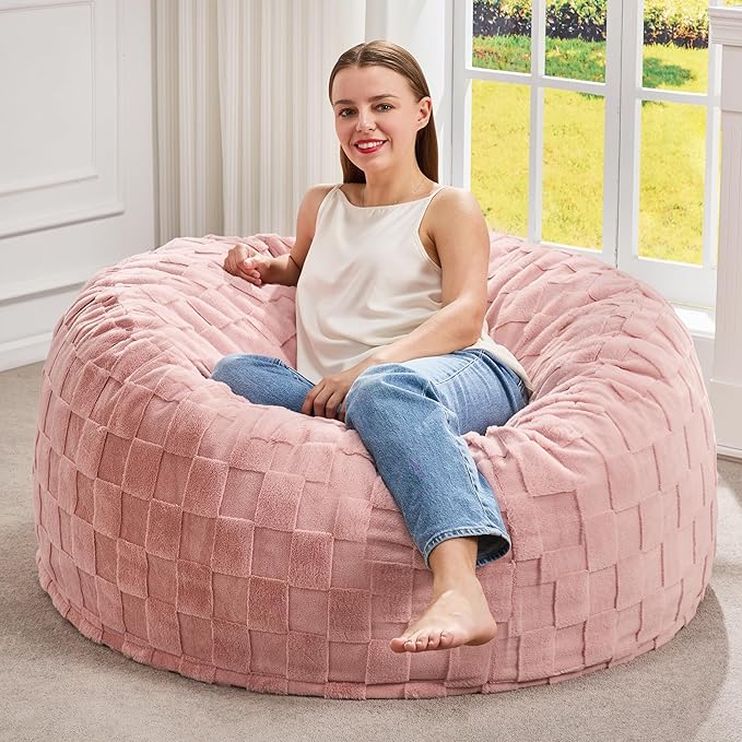 Hobestluk Bean Bag Chairs Beanbag Chair with Filler Adult Bean Bags with Fluffy Plaid Cover, Giant Bean Bag Chairs for Adults for Living Room, Bedroom (Pink, 3FT - 36” x 36” x 22”)
