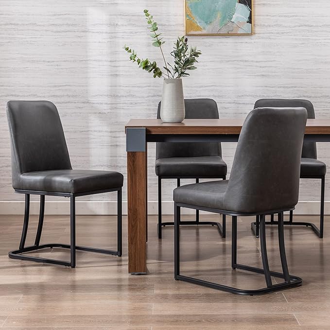 VESCASA Faux Leather Upholstered Dining Chairs with Back, Mid Century Modern Chairs with Black Metal Frame for Dining Room, Restaurant, Kitchen, Set of 4, Charcoal