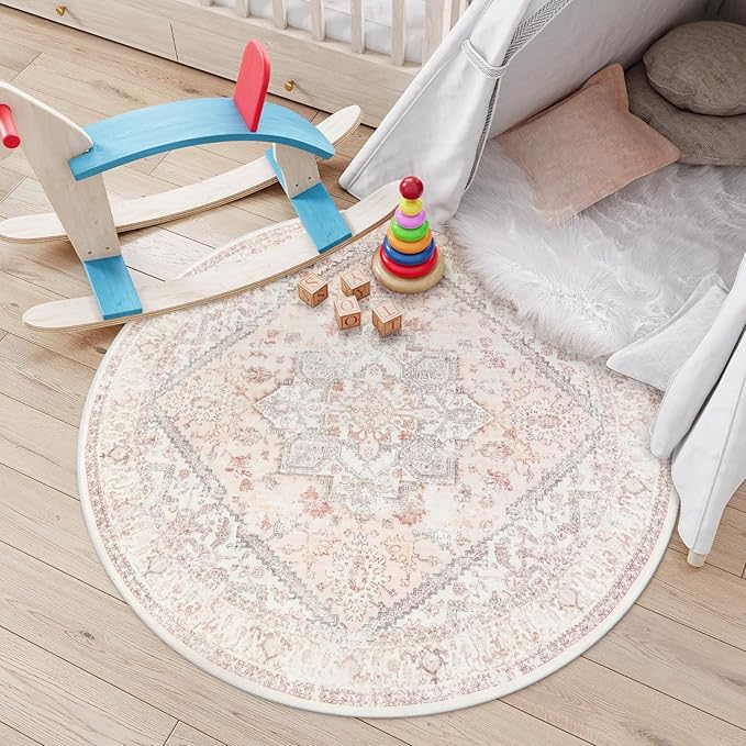LIVEBOX Pink Round Rug 4ft - Machine Washable Circle Rug for Living Room, Non-Shedding Vintage Circular Carpet Bedroom, Low-Pile Floral Rugs Round for Girl's Room Entryway, Boho Rugs for Office