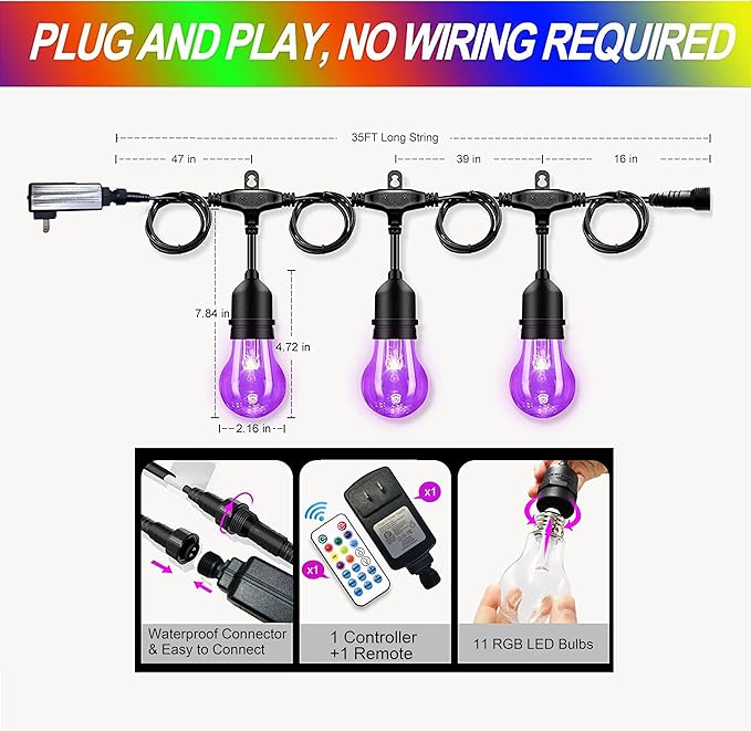 Auroraworld 35FT RGB Outdoor String Lights, Dimmable Color Changing Waterproof LED Patio Lights with Remote & E26 Shatterproof Edison Bulbs for Bistro Backyard Garden Party Decor