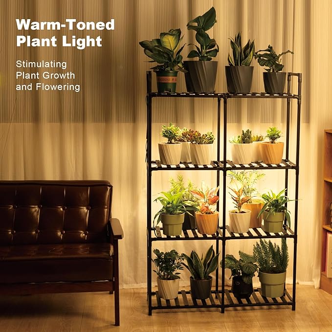 4-Tier Wooden Plant Stand with LED Grow Lights - Adjustable Shelf for Indoor Plants, Living Room, Balcony - Dimmable & Space-Saving (Plants Not Included)