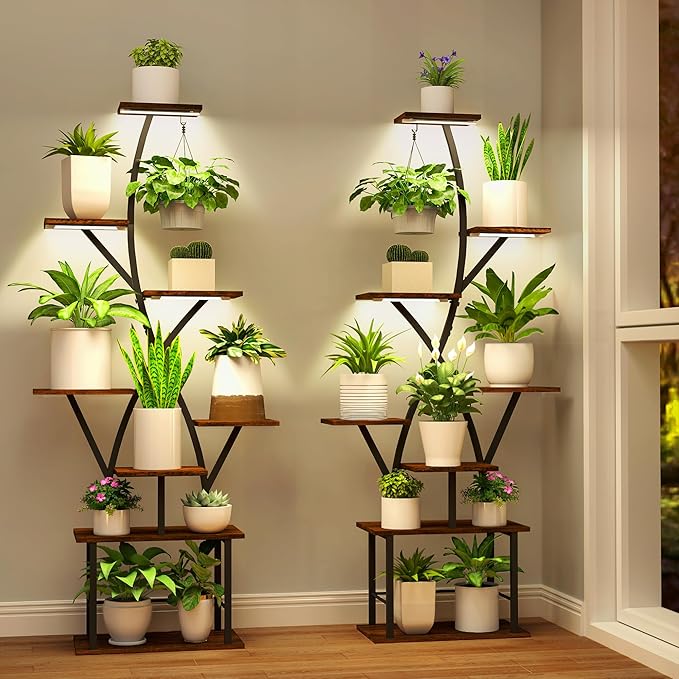 Plant Stand Indoor with Grow Lights 2 Pack Corner Plant Stands 8 Tiered 64" Tall Plant Shelf for Indoor Growing Multiple Metal Flower Holder Home Decor Plant Rack for Living Room Patio Balcony