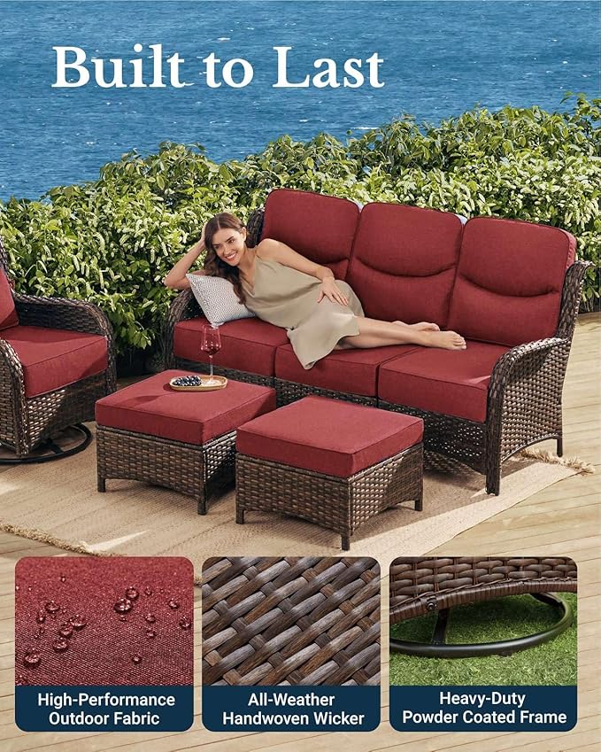 HILLGA Luxury Patio Furniture Set with 6-Inch Thick Cushions, High Back Outdoor Swivel Rocker Chairs and Patio Loveseat, 5-Piece All Weather Conversation Set for Porch Deck Pool Yard, Burgundy (V3)