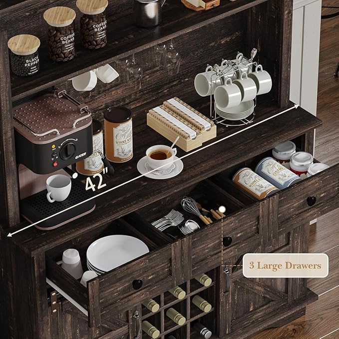 63 Inch Tall Coffee Bar Cabinet with 3-Tier Storage, Kitchen Hutch with 3 Drawers, Farmhouse Coffee Bar with 9 Racks & 3 Glass Holders, Wine Bar Cabinet for Living Dining Room, Oak