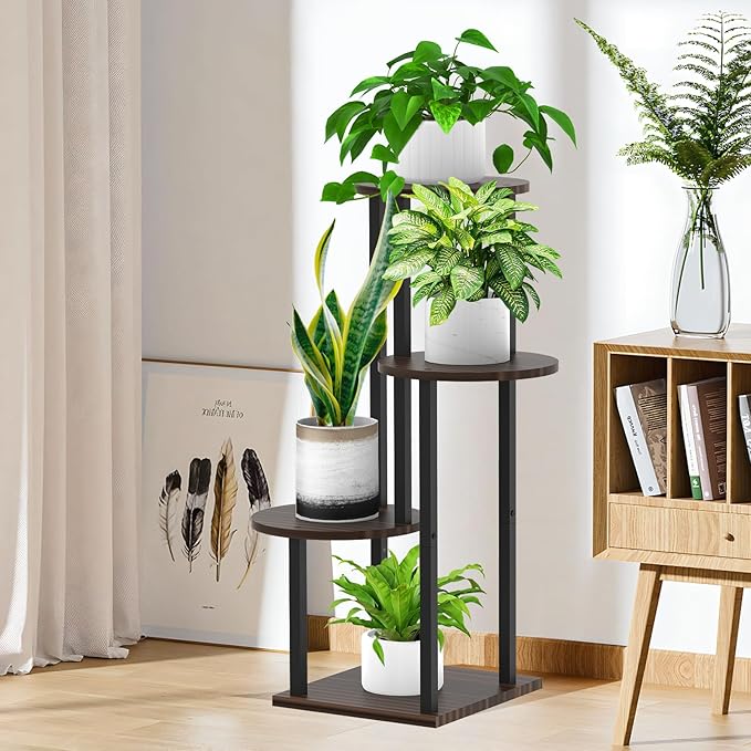 4 Tier Wood Tall Plant Stand Metal Rack Indoor, Multiple Flower Pot Holder Shelves Corner Rack, Round Planter Shelf Display Rack Storage Organizer for Patio Living Room Balcony(Black Oak)