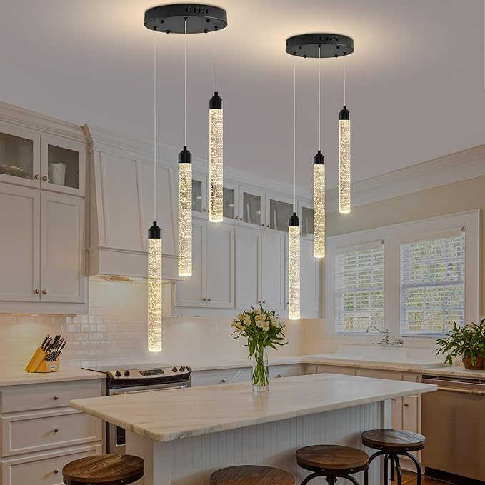 3-Light Modern Dimmable LED Crystal Chandelier - Black Mini Pendant Lighting with Spiral Raindrop/Bubble Cluster Pendant for Kitchen Island, Dining Room, Living Room, Foyer