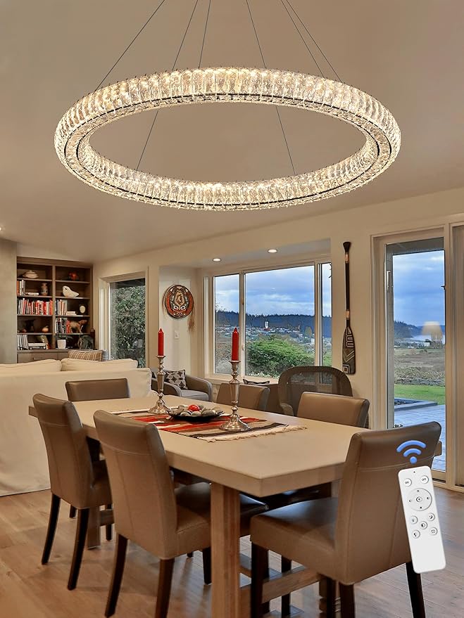 Dimmable LED 31.5" Ring Chandelier Adjustable Black Round Crystal Chandelier for Dining Room Living Room