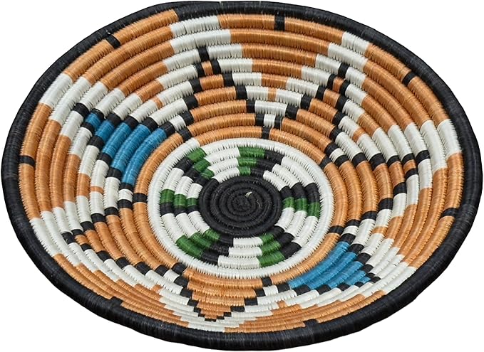 Handwoven African Basket Handmade sisal Fruit Bowl Wall Hanging decorative Baskets for Home Living Room Kitchen Centerpiece Zen Designs Arts and Crafts (Rust Orange Blue Black, 10in diameter)