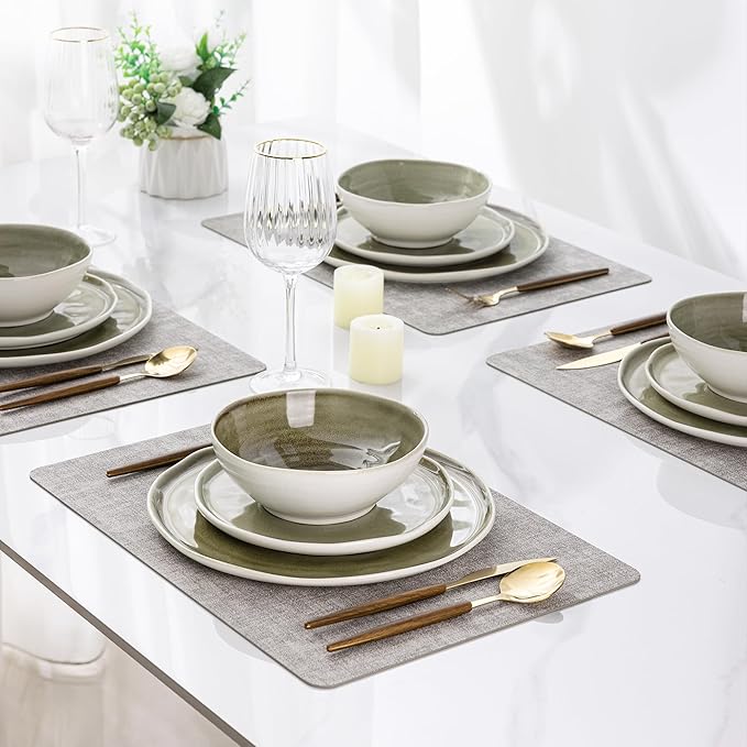 LERATIO Ceramic Dinnerware Sets for 6,Porcelain Plates and Bowls Sets with Wavy Edge,Microwave & Dishwasher & Oven Safe,Light Weight & Scratch Resistant Dishes Sets-Olive Green