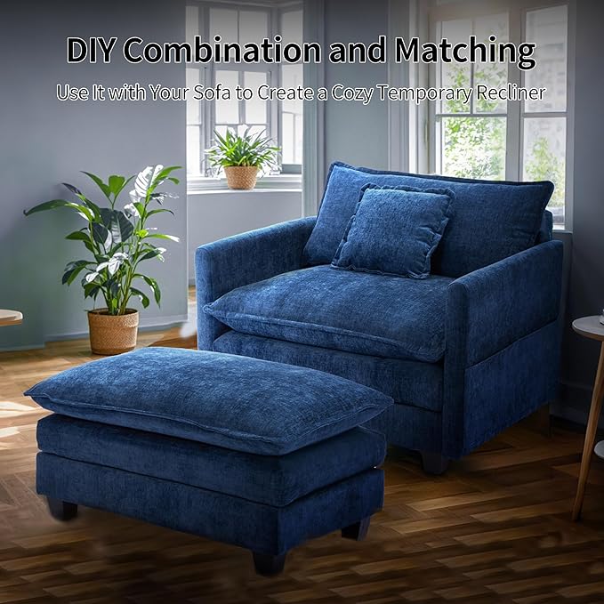 SweetGO corporation 40" Chenille Lounge Chair for Reading, Modern Couch Cozy Sofa Bed, Upholstered Living Room Single Sofa Accent Chair with Ottoman, Blue