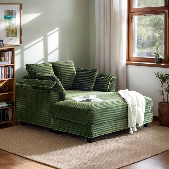 VINGLI Lounge Chair, 56" Oversized Reading Chair Corduroy Chaise Sofa Recliner Bed Upholstered Comfy Sleeper Couch with Throw Pillows and Armrests for Living Room, Movie Room, Bedroom