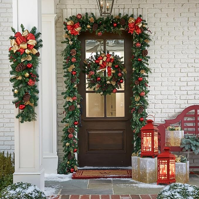 DECORKEY Christmas Decorations Outdoor&Indoor, 2PCS Red Decorative Candle Lanterns with Christmas Tree & Gift Box Patterns for Home Porch Centerpiece Table Decor Gift