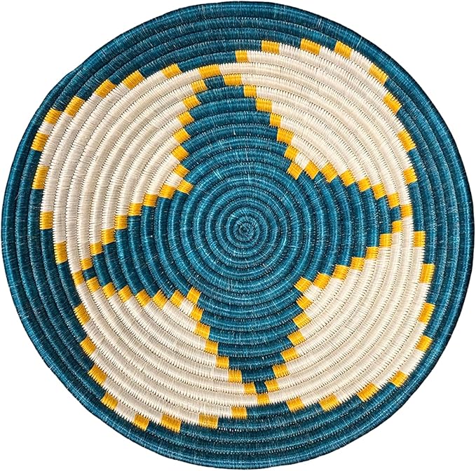 Handwoven African Basket Handmade sisal Fruit Bowl Wall Hanging decorative Baskets for Home Living Room Kitchen Centerpiece Zen Designs Arts and Crafts (Teal White, 12in diameter)