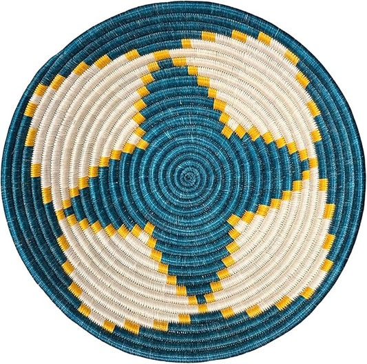 Handwoven African Basket Handmade sisal Fruit Bowl Wall Hanging decorative Baskets for Home Living Room Kitchen Centerpiece Zen Designs Arts and Crafts (Teal White, 12in diameter)