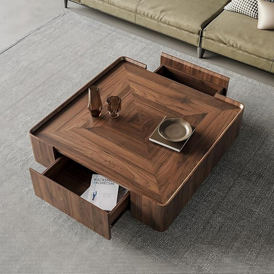 Luxury Square Coffee Table for Living Room, Fully Assembled Solid Wood Center Table with 2 Hidden Storage Drawers,Raised Edge Design Elegant Walnut Finish