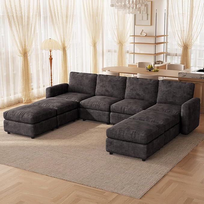 8-Seat Modular Sectional Sofa with 4 Storage Ottomans, Oversized Deep L-Shaped Couch for Living Room, Grey Velvet Family Sofa Set, Modern Apartment Loveseat Sleeper Bed with Extra Comfy Seating
